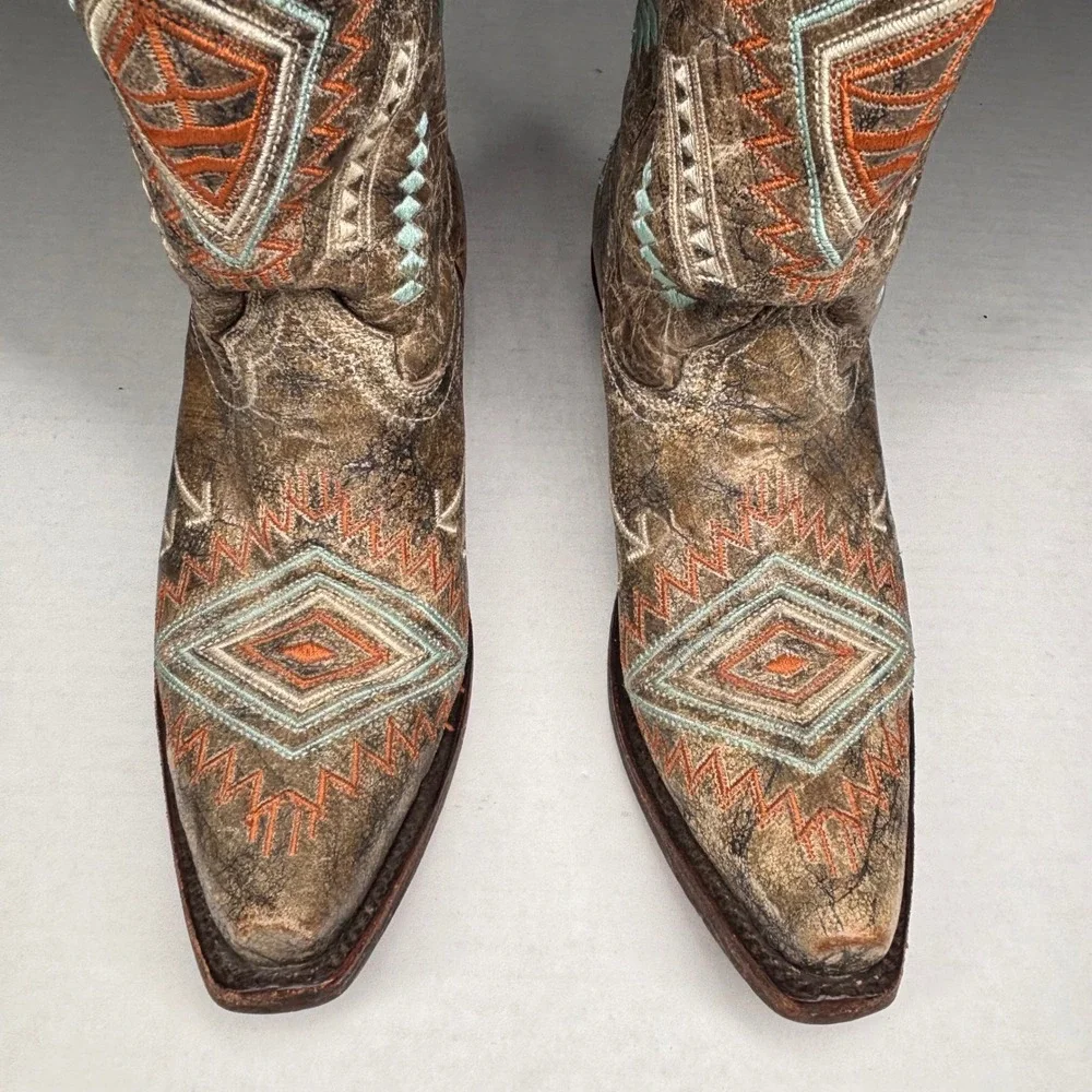 Corral Teens 2 Leather Western Boots Aztec Southwestern Embroidered F1049 GUC